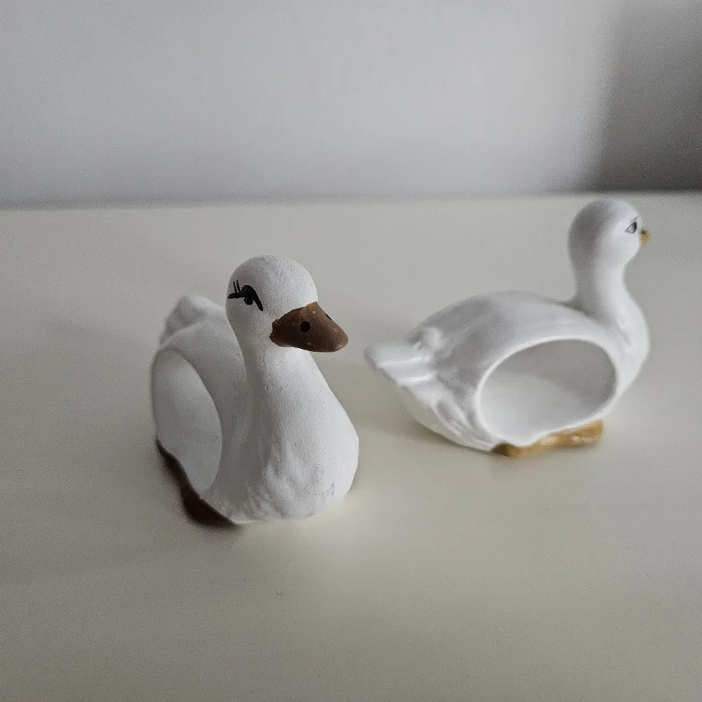 White Hand Painted Ceramic Duck Napkin Rings X 2